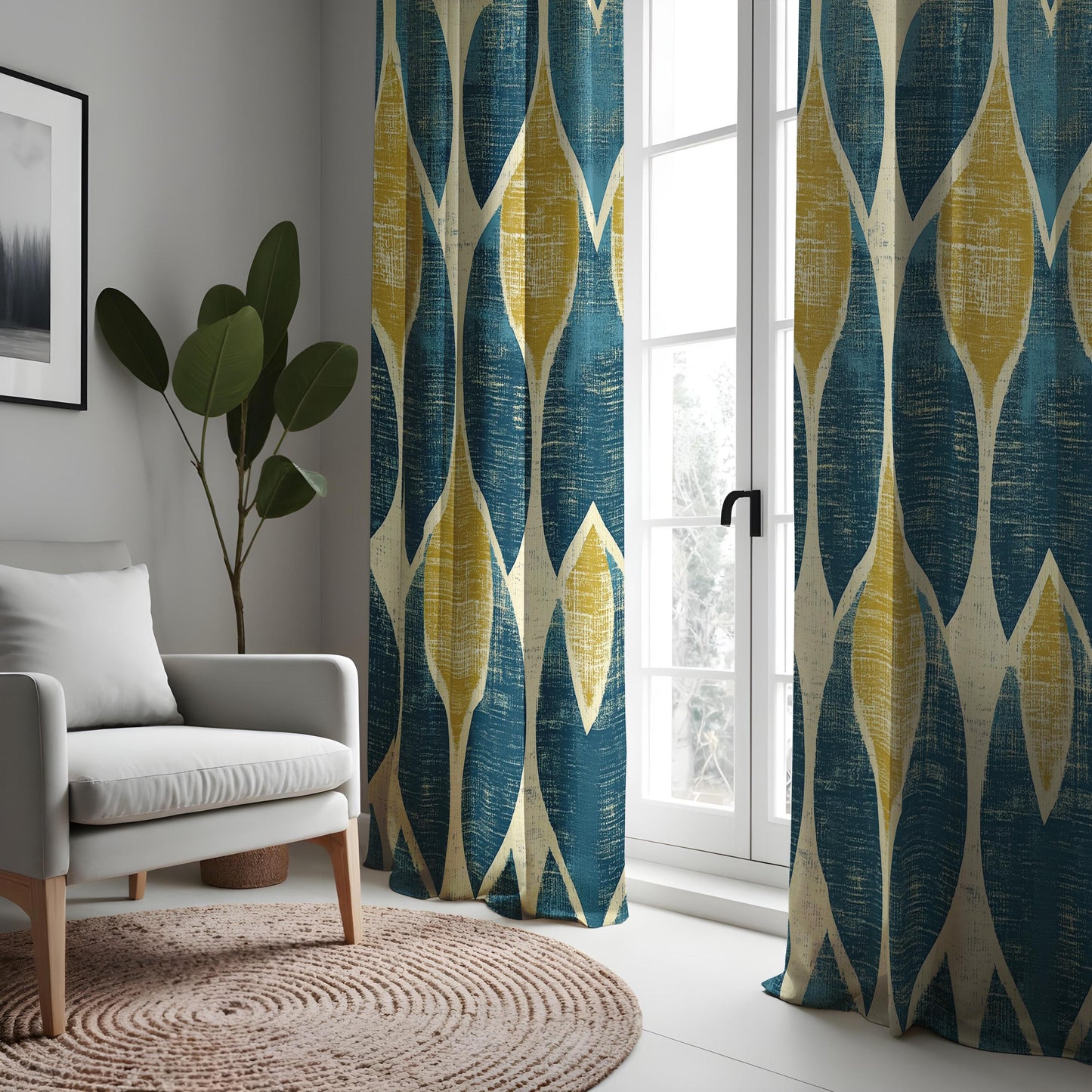 Geometric Blue and Yellow Curtains, Abstract Modern Pattern Drapes
