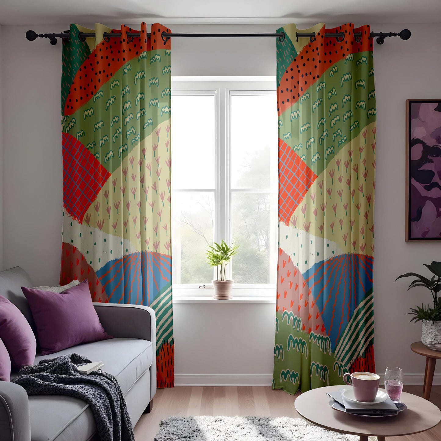 Colorful Patchwork Eyelet Curtains Boho Chic Window Drapes