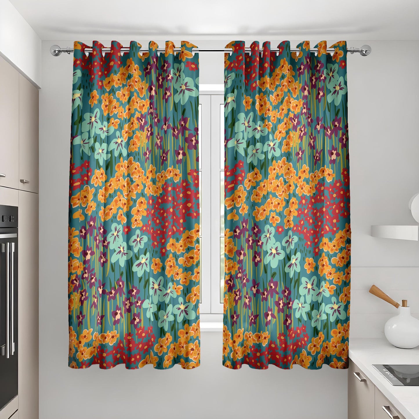 Vibrant Floral Eyelet Curtains, Bold Botanical Window Drapes