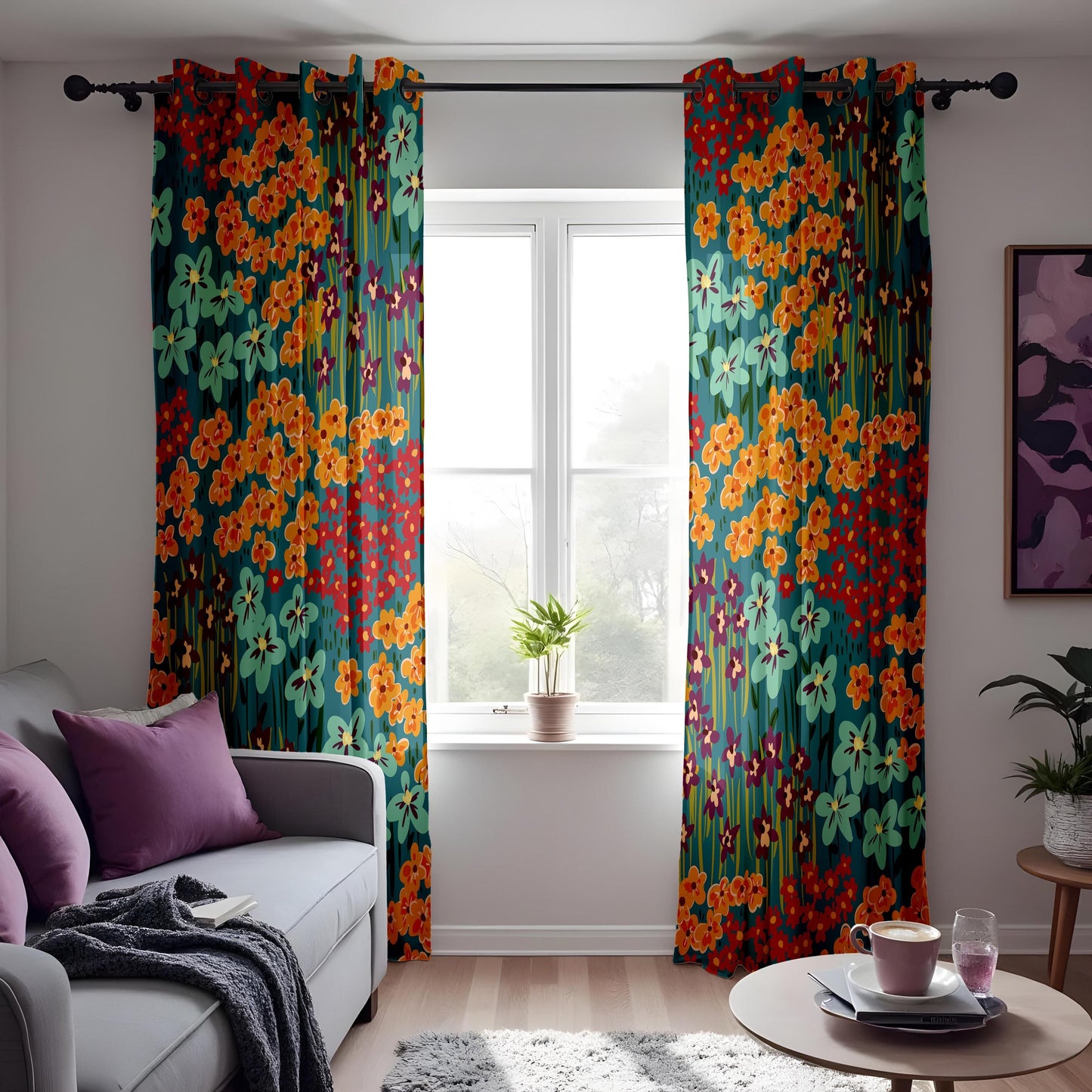 Vibrant Floral Eyelet Curtains, Bold Botanical Window Drapes