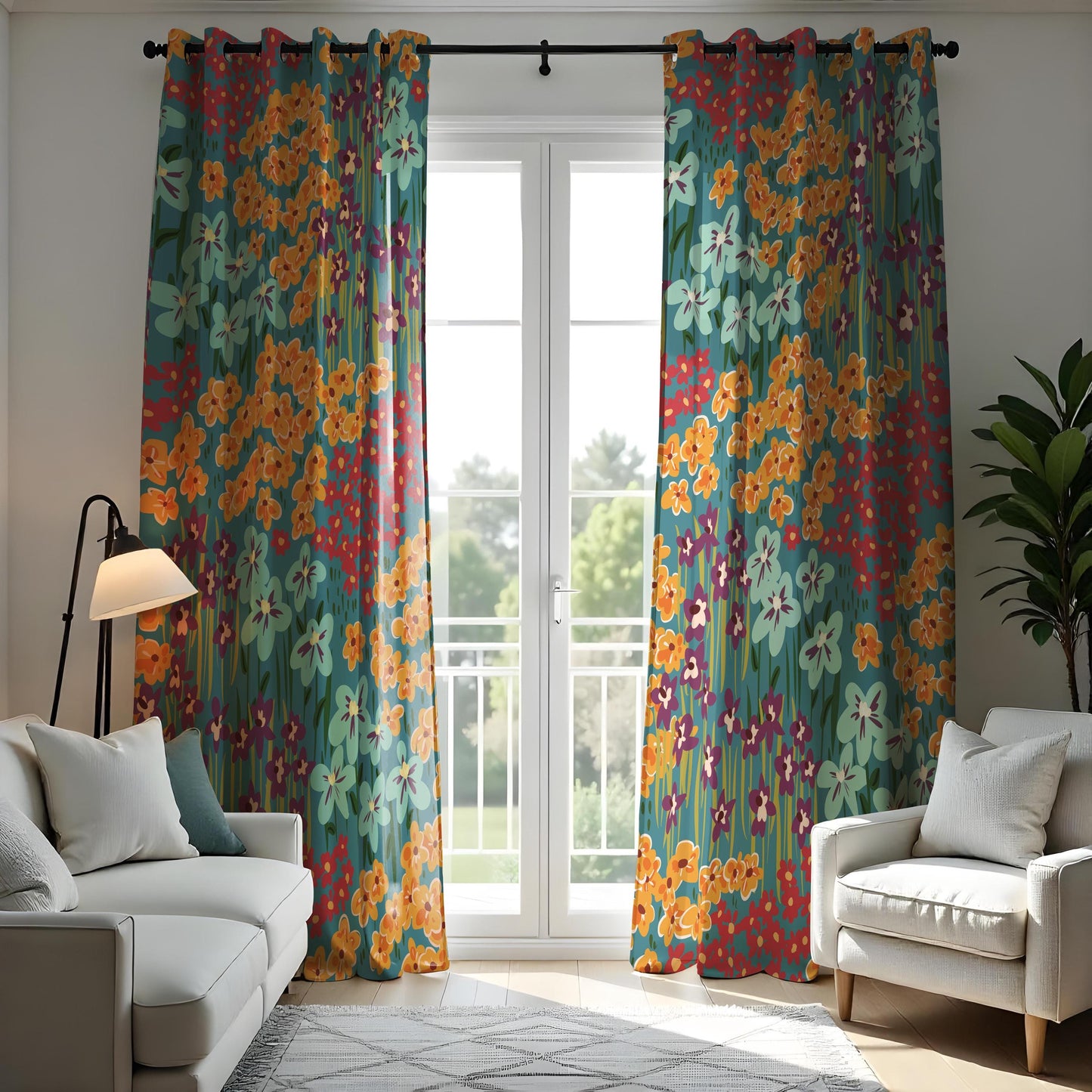 Vibrant Floral Eyelet Curtains, Bold Botanical Window Drapes