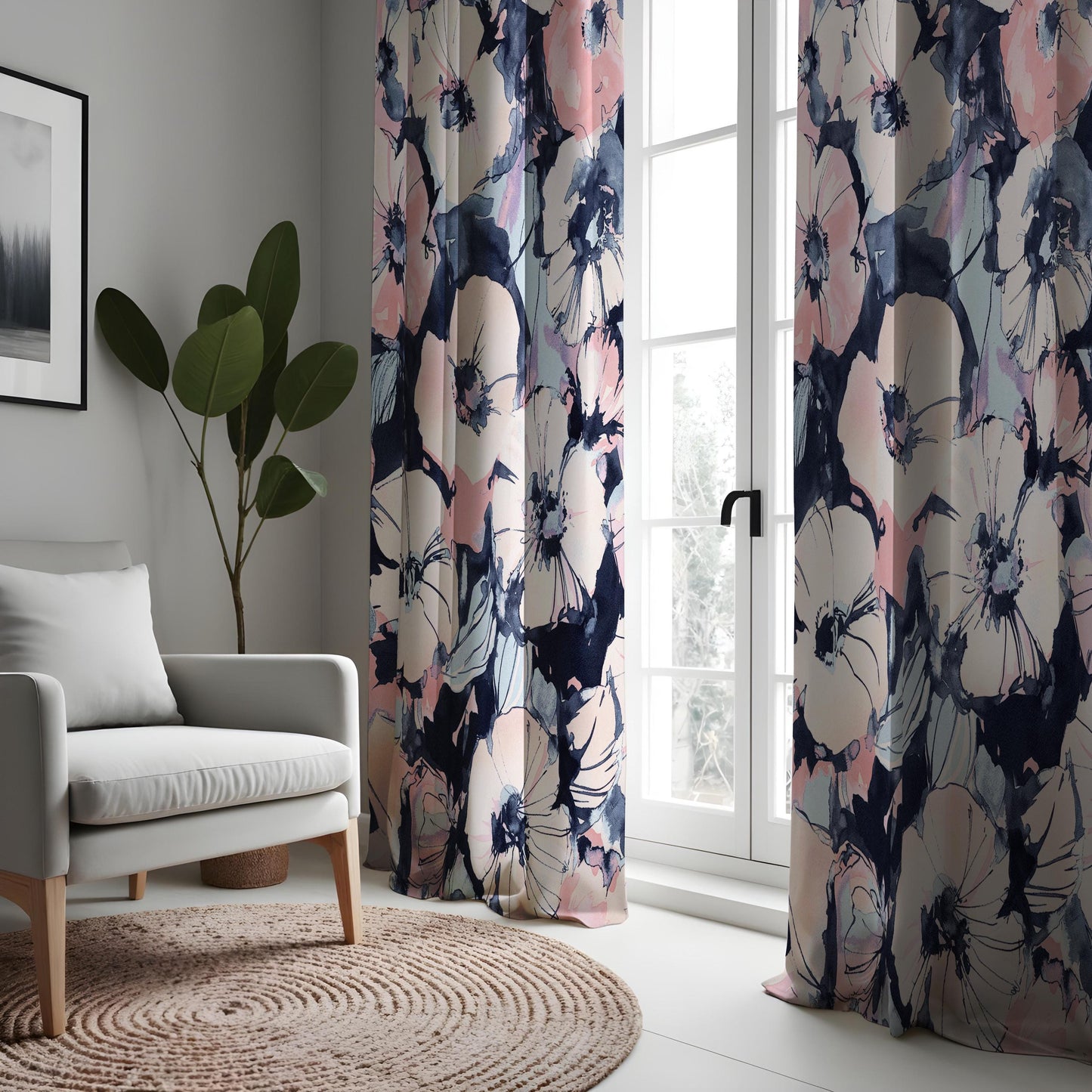 Watercolor Floral Curtains, Pink & Navy Blue Window Drapes