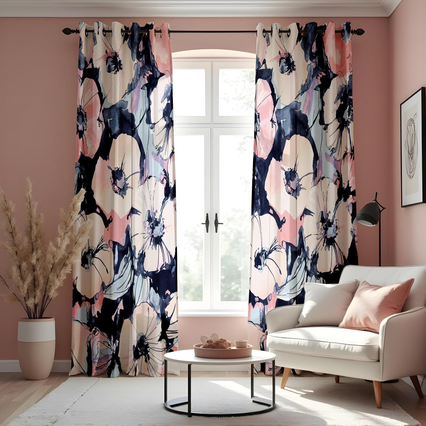 Watercolor Floral Curtains, Pink & Navy Blue Window Drapes