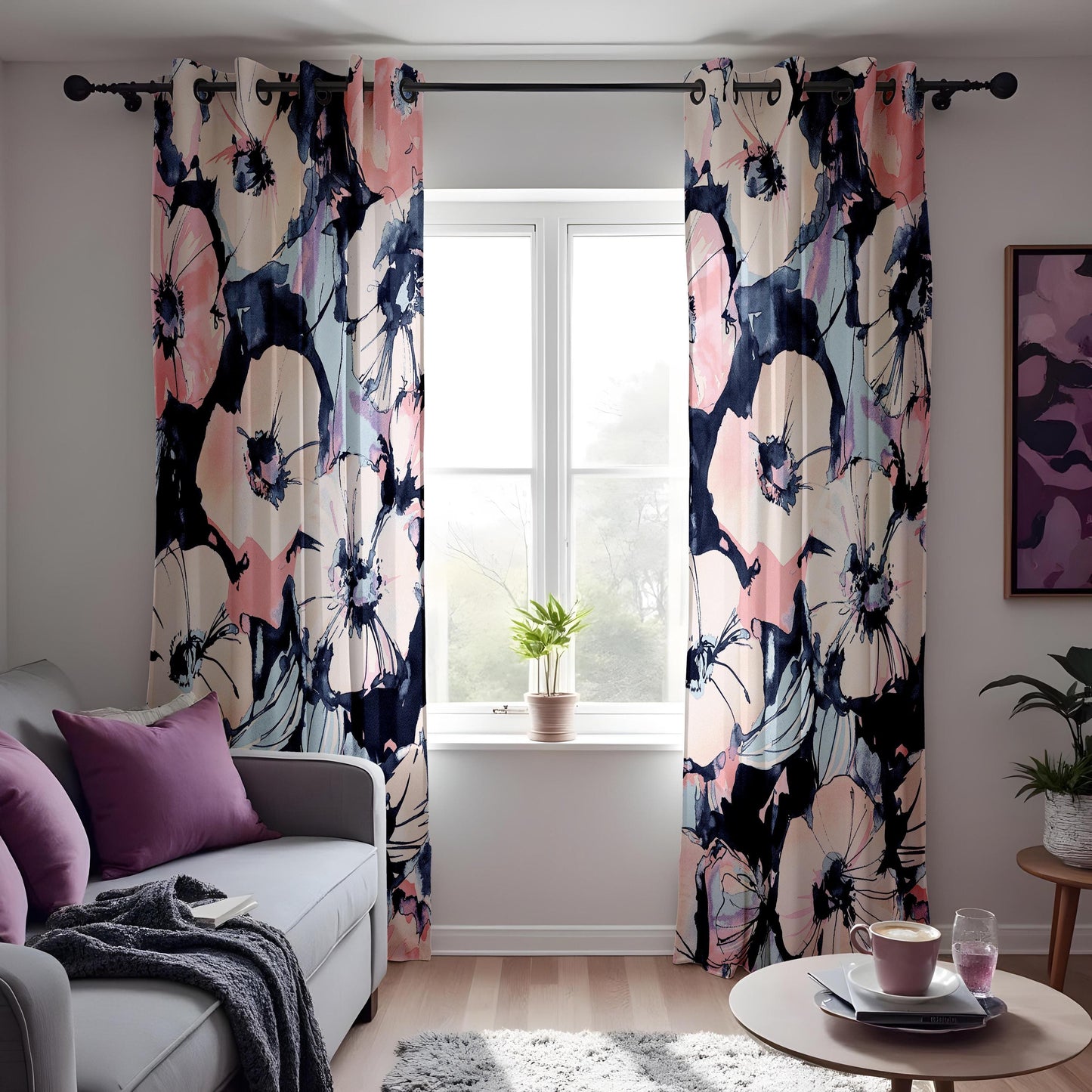 Watercolor Floral Curtains, Pink & Navy Blue Window Drapes