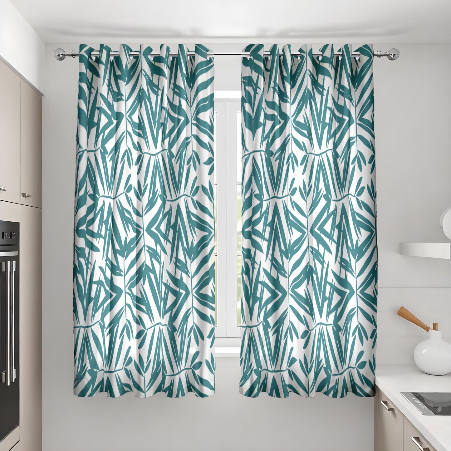 Modern Geometric Bamboo Curtains, Teal & White Minimalist Drapes