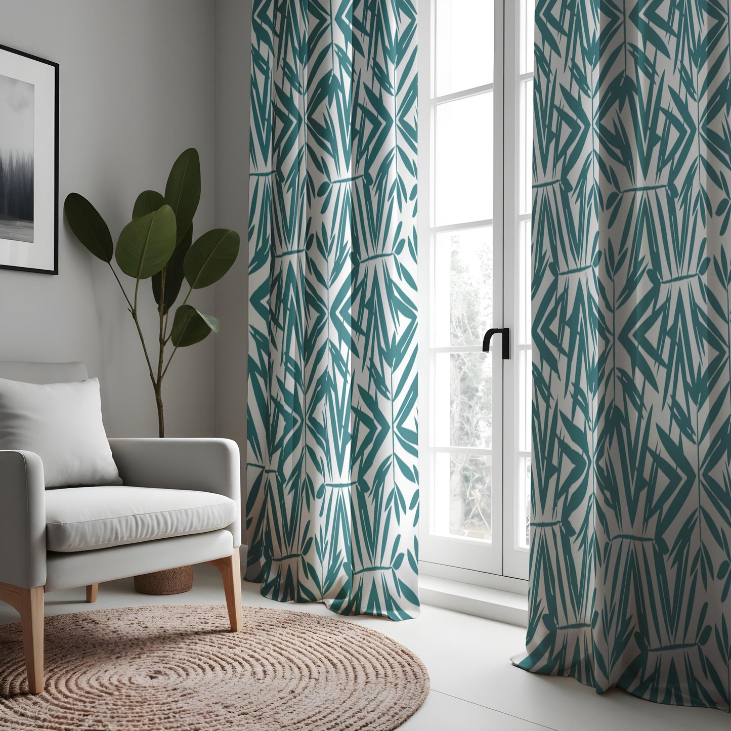 Modern Geometric Bamboo Curtains, Teal & White Minimalist Drapes