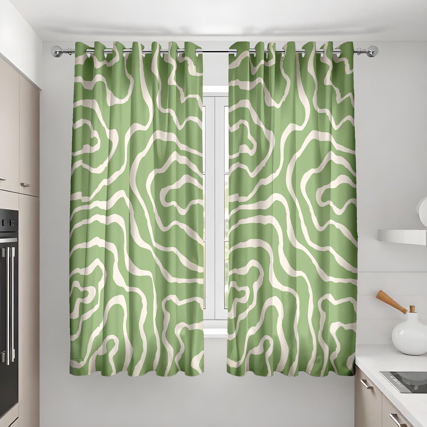 Abstract Topographic Curtains, Green & White Wavy Line Window Drapes