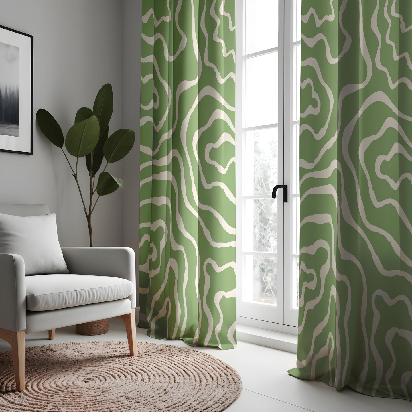 Abstract Topographic Curtains, Green & White Wavy Line Window Drapes
