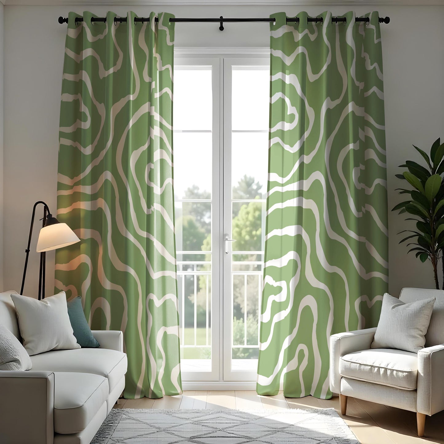 Abstract Topographic Curtains, Green & White Wavy Line Window Drapes