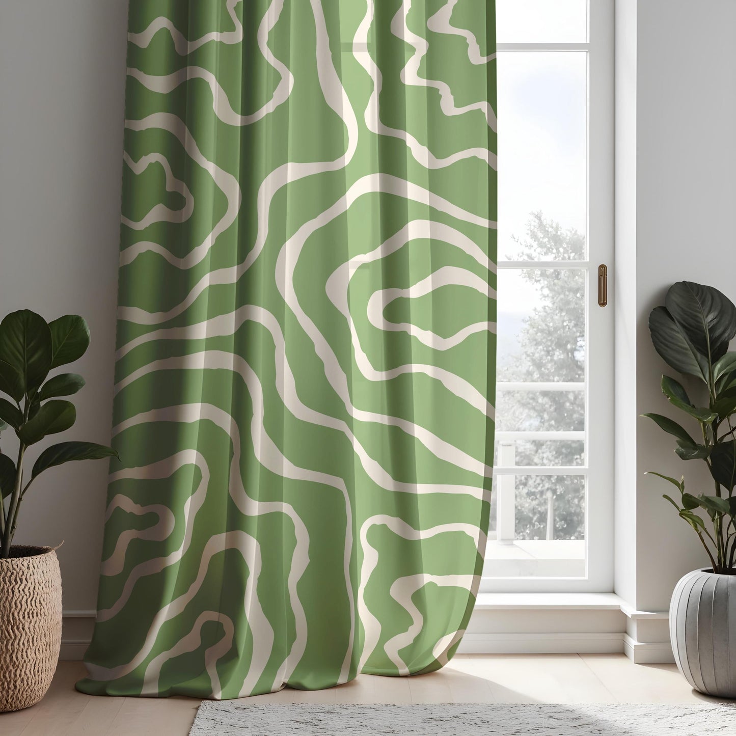 Abstract Topographic Curtains, Green & White Wavy Line Window Drapes