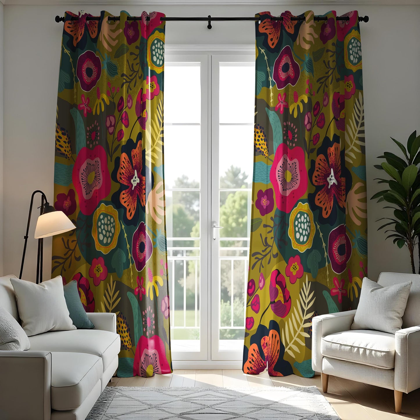 Dark Boho Floral Curtains, Mustard Yellow & Pink Botanical Drapes