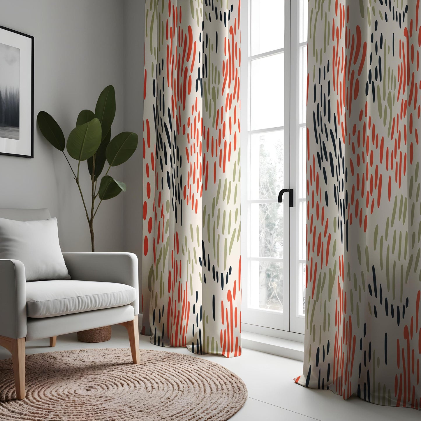 Modern Abstract Curtains, Minimalist Brushstroke Print Drapes