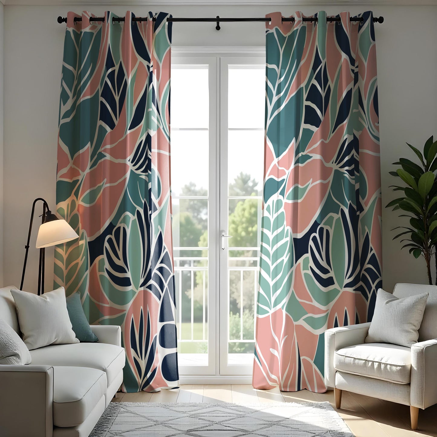 Tropical Leaf Print Eyelet Curtains,Teal Botanical Drapes