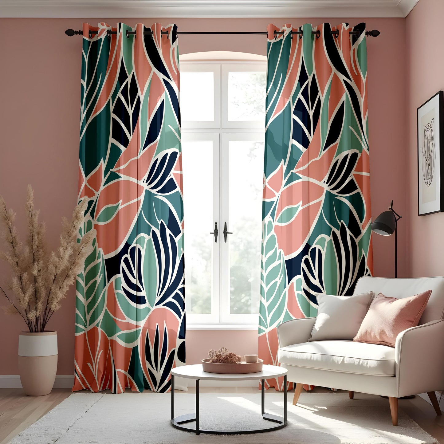 Tropical Leaf Print Eyelet Curtains,Teal Botanical Drapes