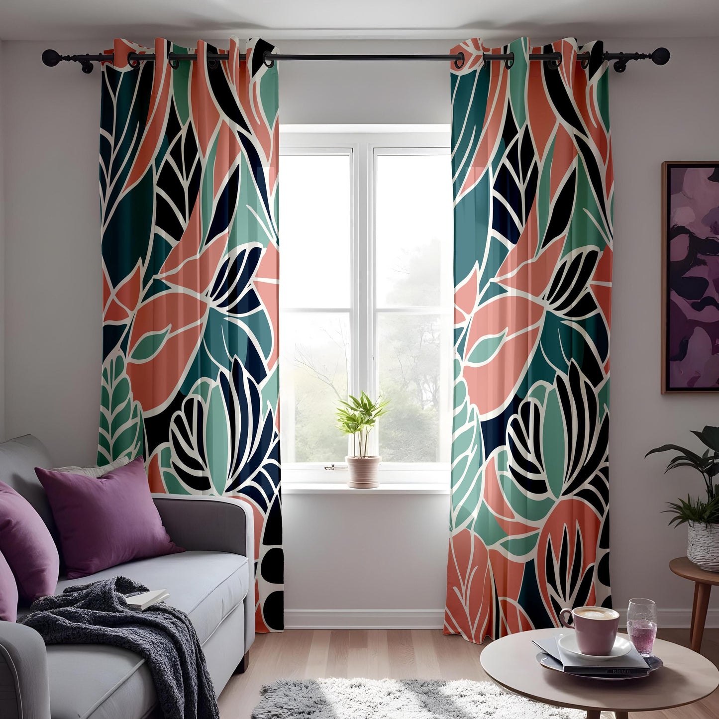 Tropical Leaf Print Eyelet Curtains,Teal Botanical Drapes