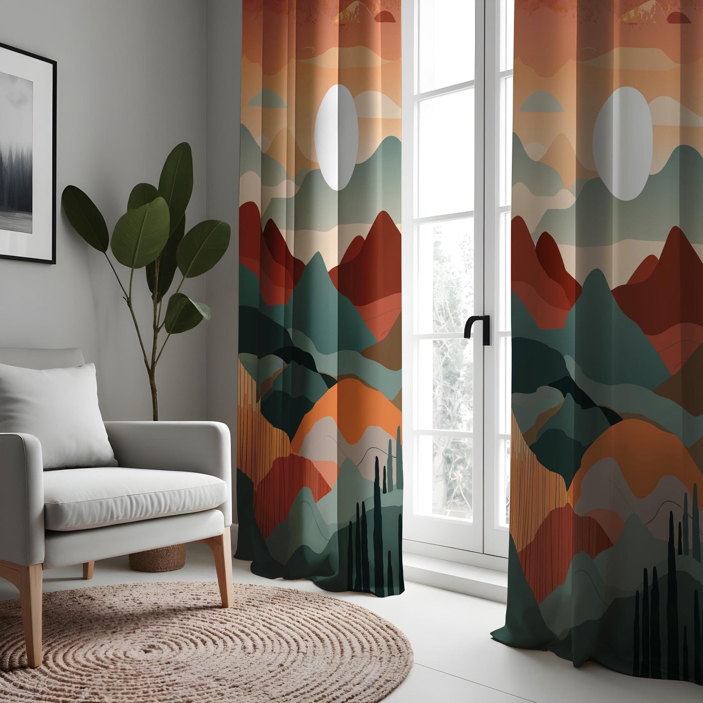 Boho Mountain Landscape Curtains, Warm Earth Tones Sunset Drapes