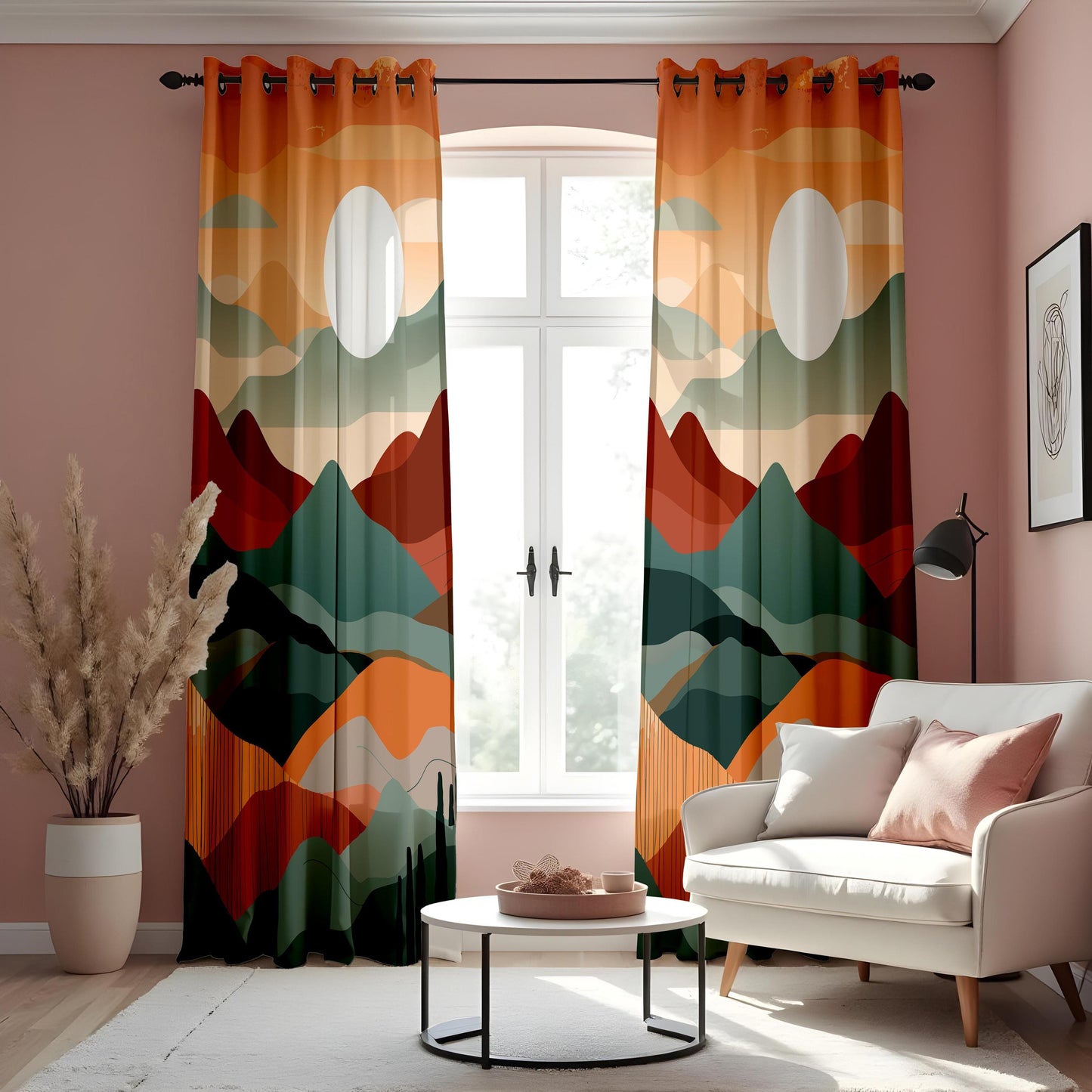 Boho Mountain Landscape Curtains, Warm Earth Tones Sunset Drapes