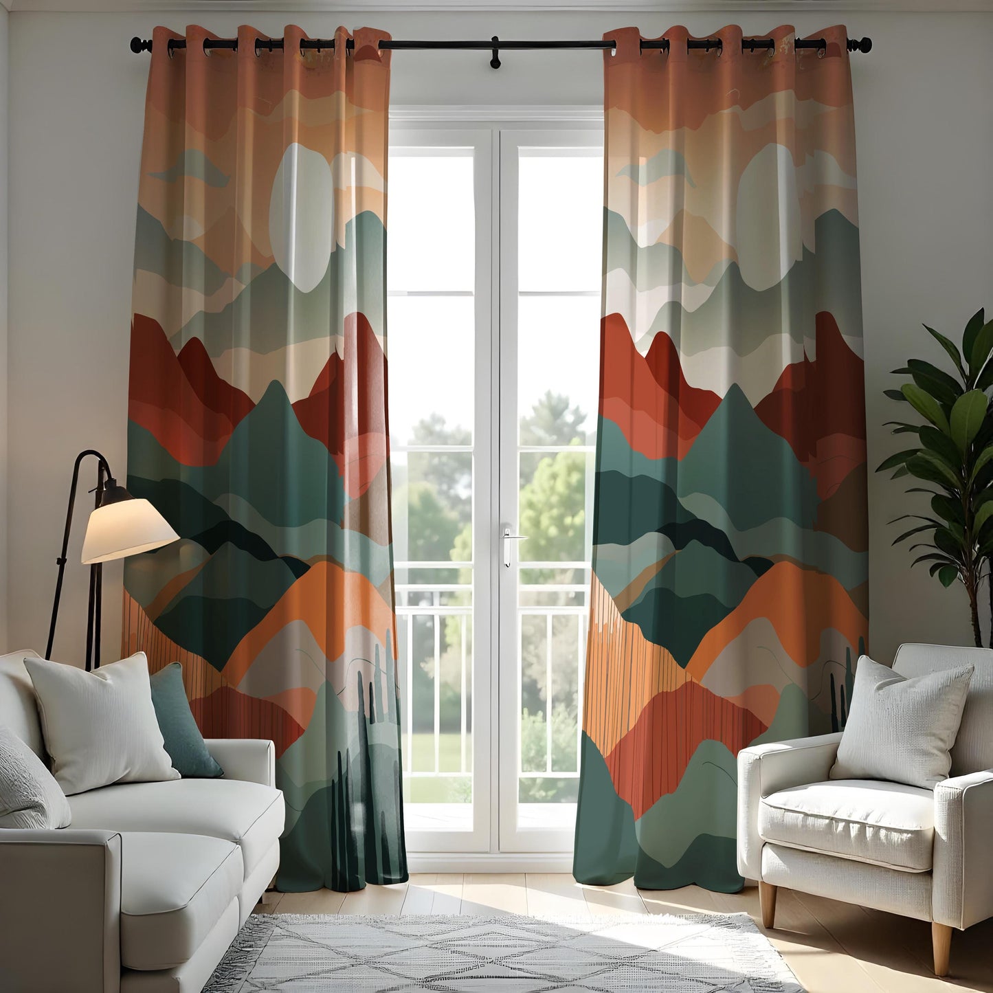 Boho Mountain Landscape Curtains, Warm Earth Tones Sunset Drapes