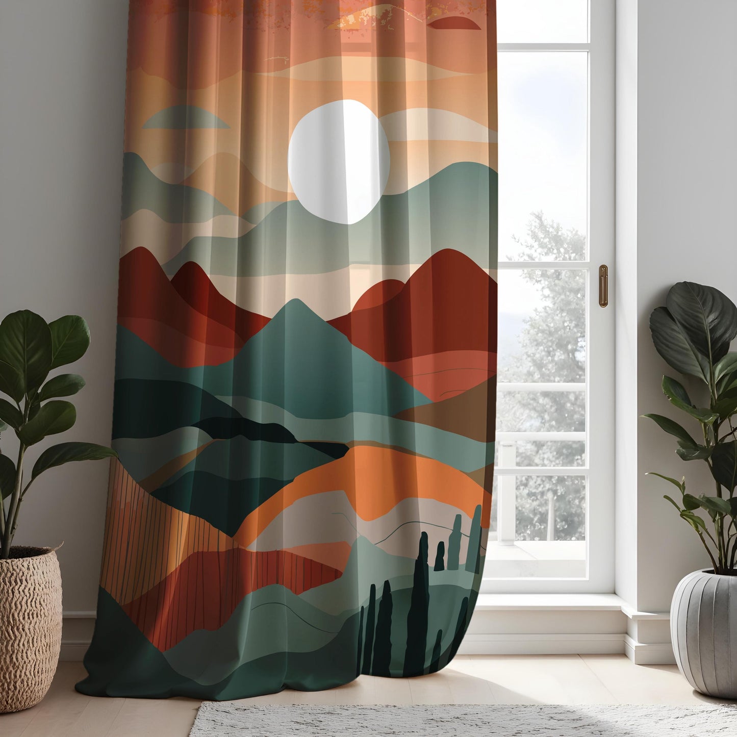 Boho Mountain Landscape Curtains, Warm Earth Tones Sunset Drapes