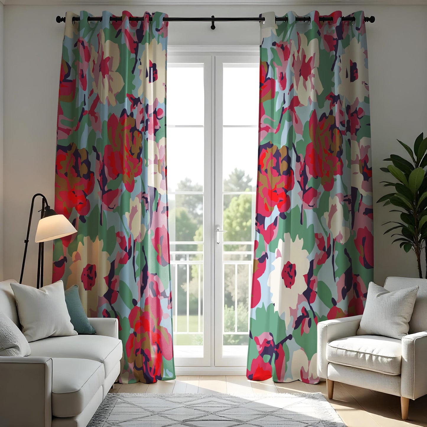 Abstract Watercolor Floral Curtains, Vibrant Multicolor Peony Drapes