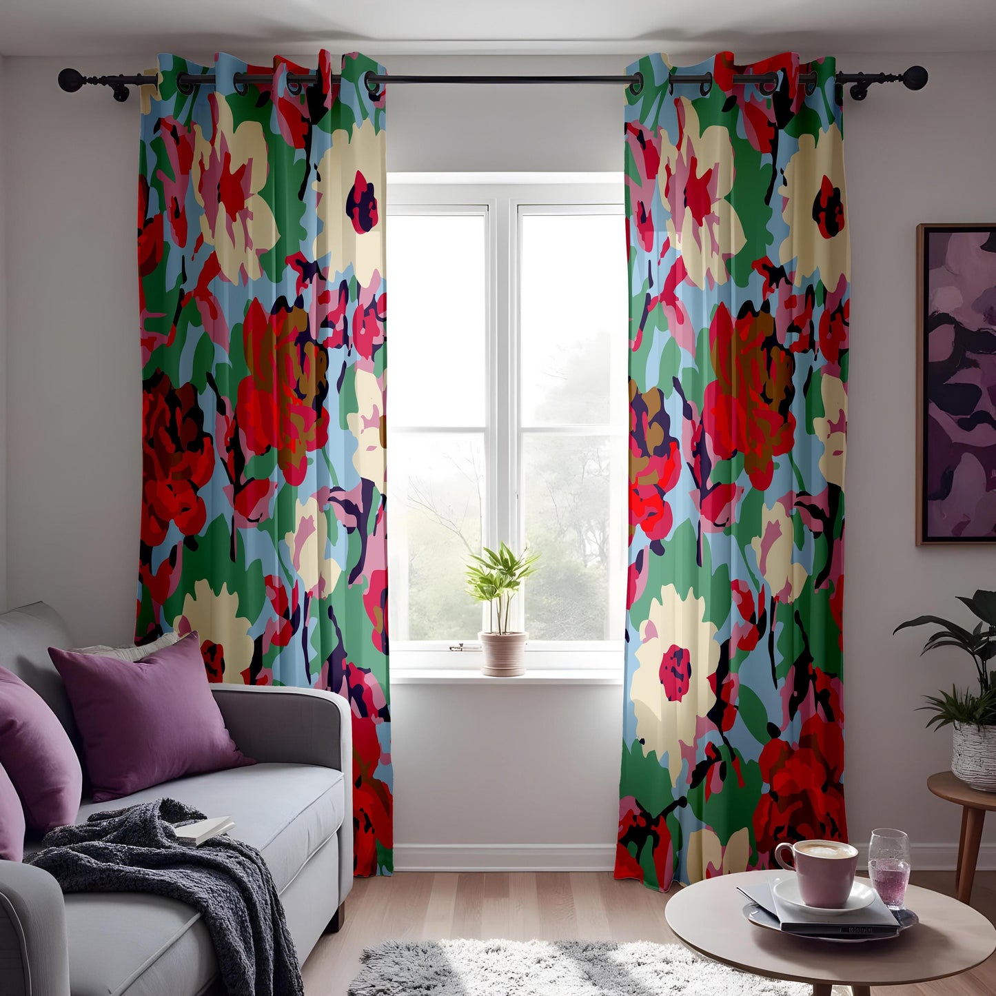 Abstract Watercolor Floral Curtains, Vibrant Multicolor Peony Drapes