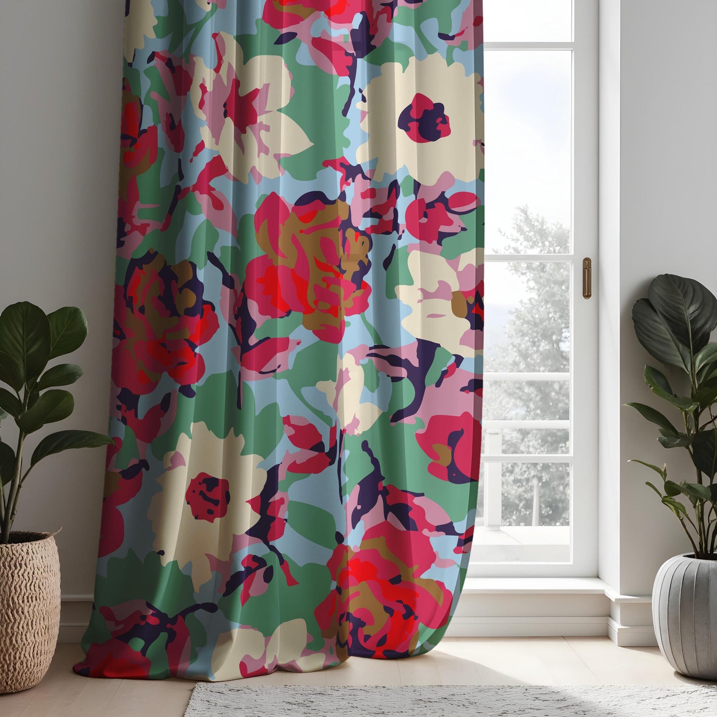 Abstract Watercolor Floral Curtains, Vibrant Multicolor Peony Drapes