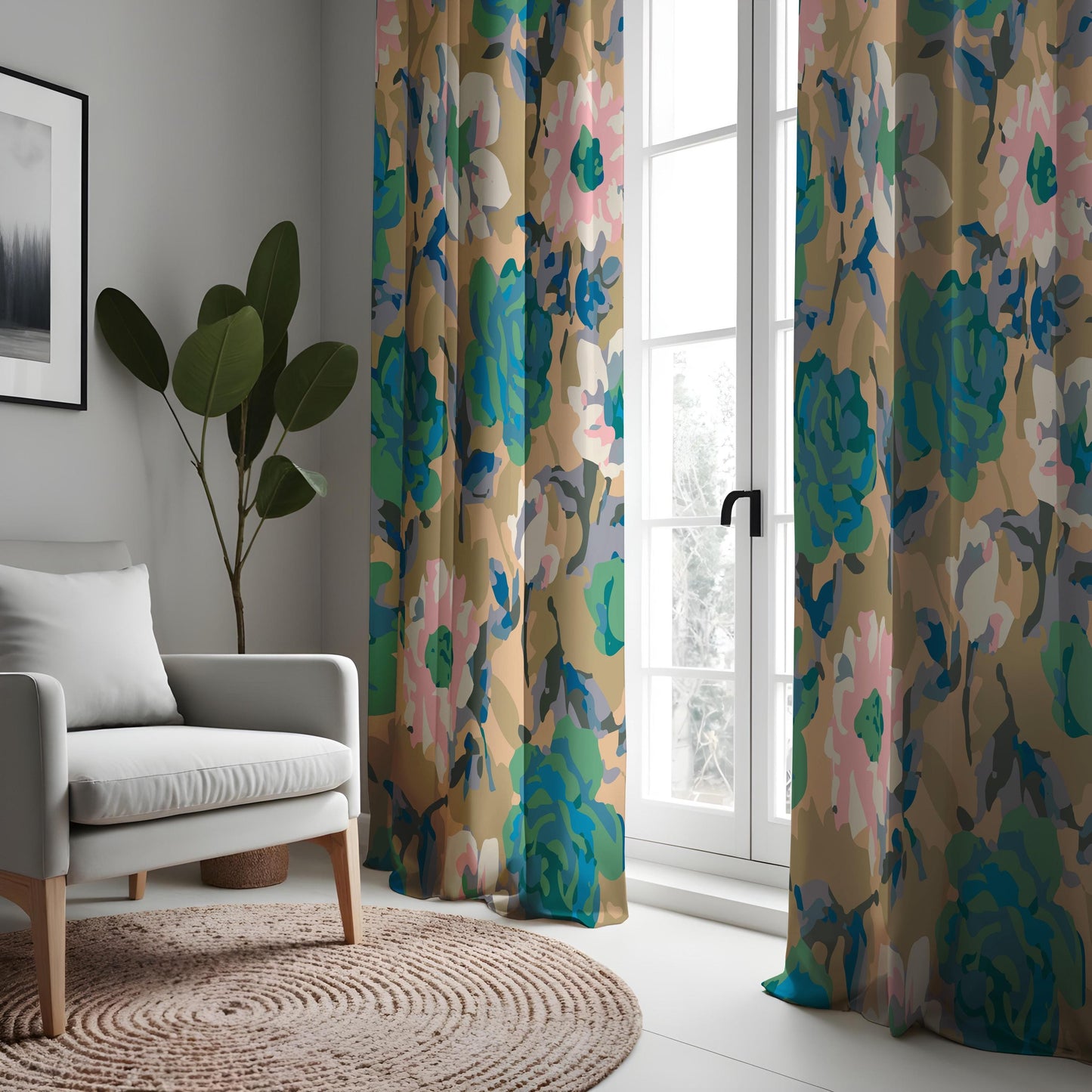 Abstract Floral Curtains, Earthy Tones&Teal Watercolor Peony Drapes