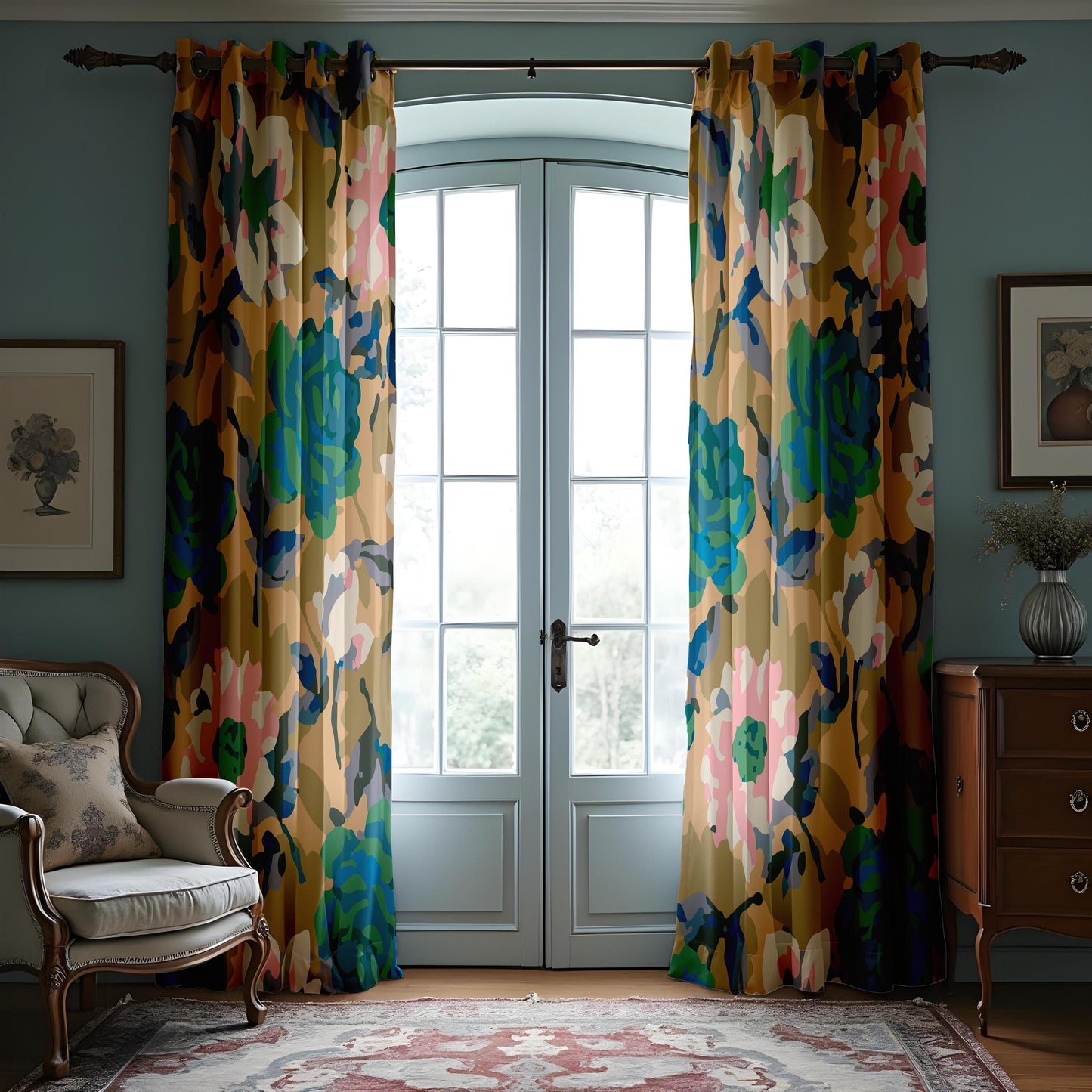 Abstract Floral Curtains, Earthy Tones&Teal Watercolor Peony Drapes