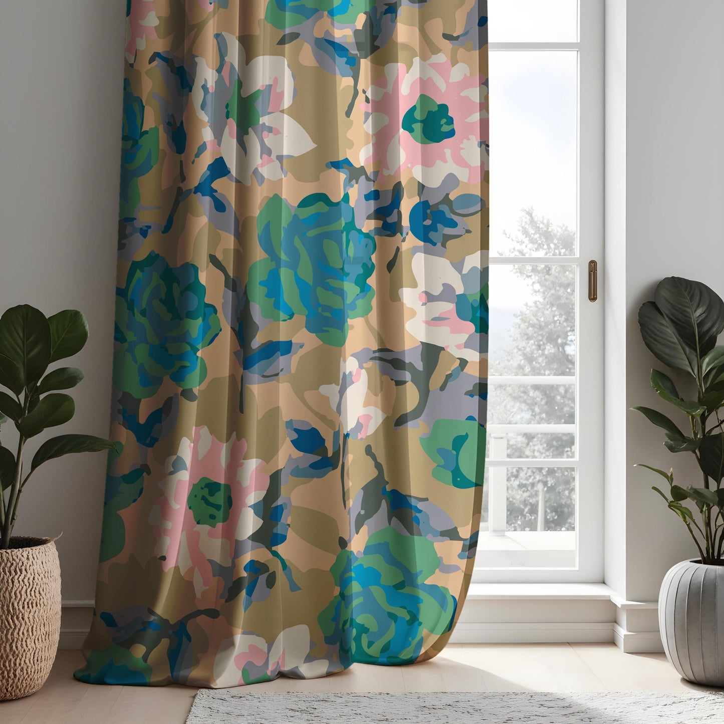 Abstract Floral Curtains, Earthy Tones&Teal Watercolor Peony Drapes