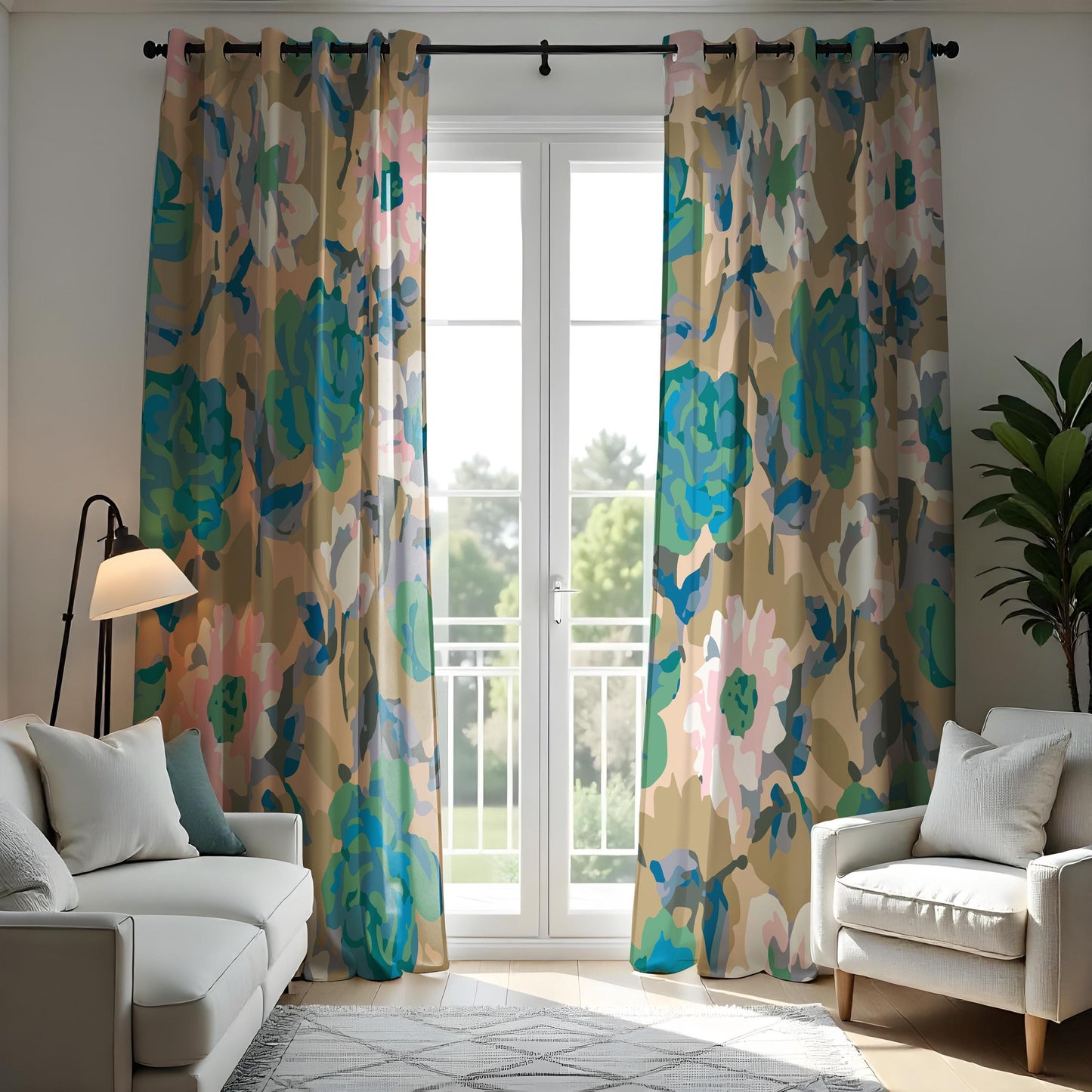 Abstract Floral Curtains, Earthy Tones&Teal Watercolor Peony Drapes