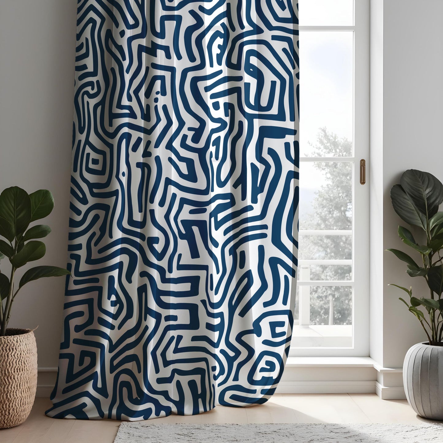 Modern Abstract Maze Curtains, Navy Blue & White Geometric Drapes