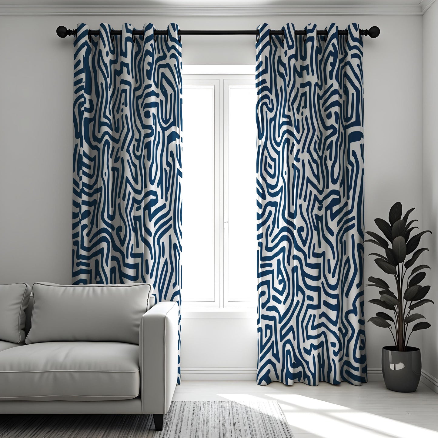 Modern Abstract Maze Curtains, Navy Blue & White Geometric Drapes