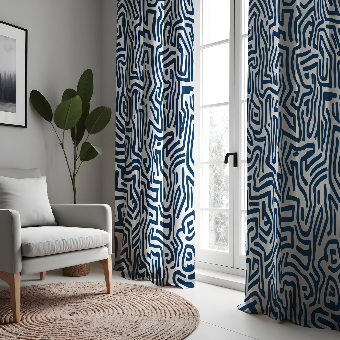 Modern Abstract Maze Curtains, Navy Blue & White Geometric Drapes