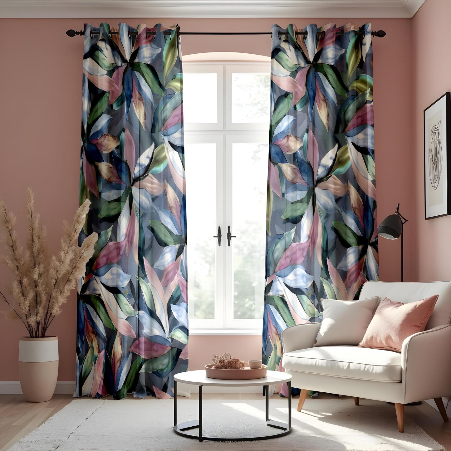 Watercolor Botanical Leaf Curtains, Soft Blue & Pastel Floral Drapes