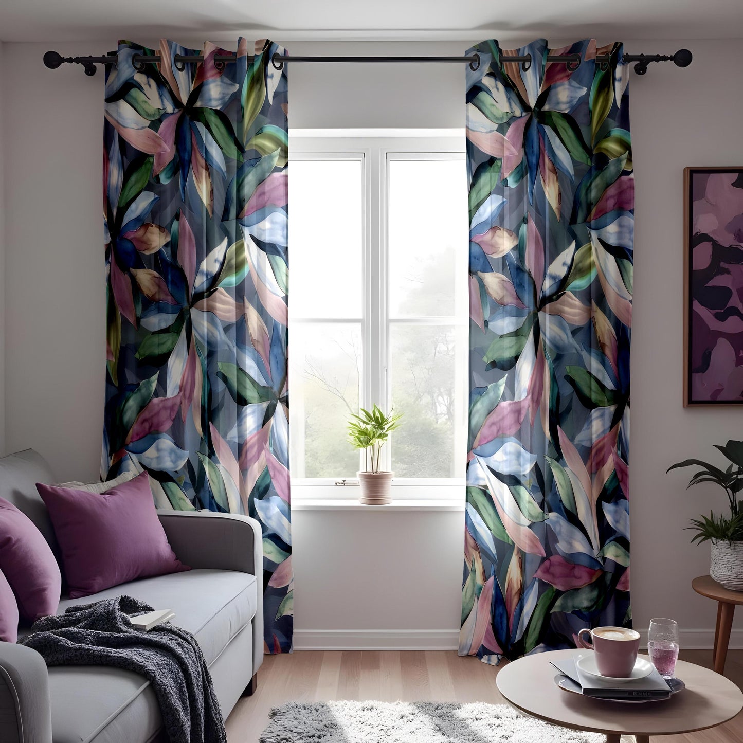Watercolor Botanical Leaf Curtains, Soft Blue & Pastel Floral Drapes