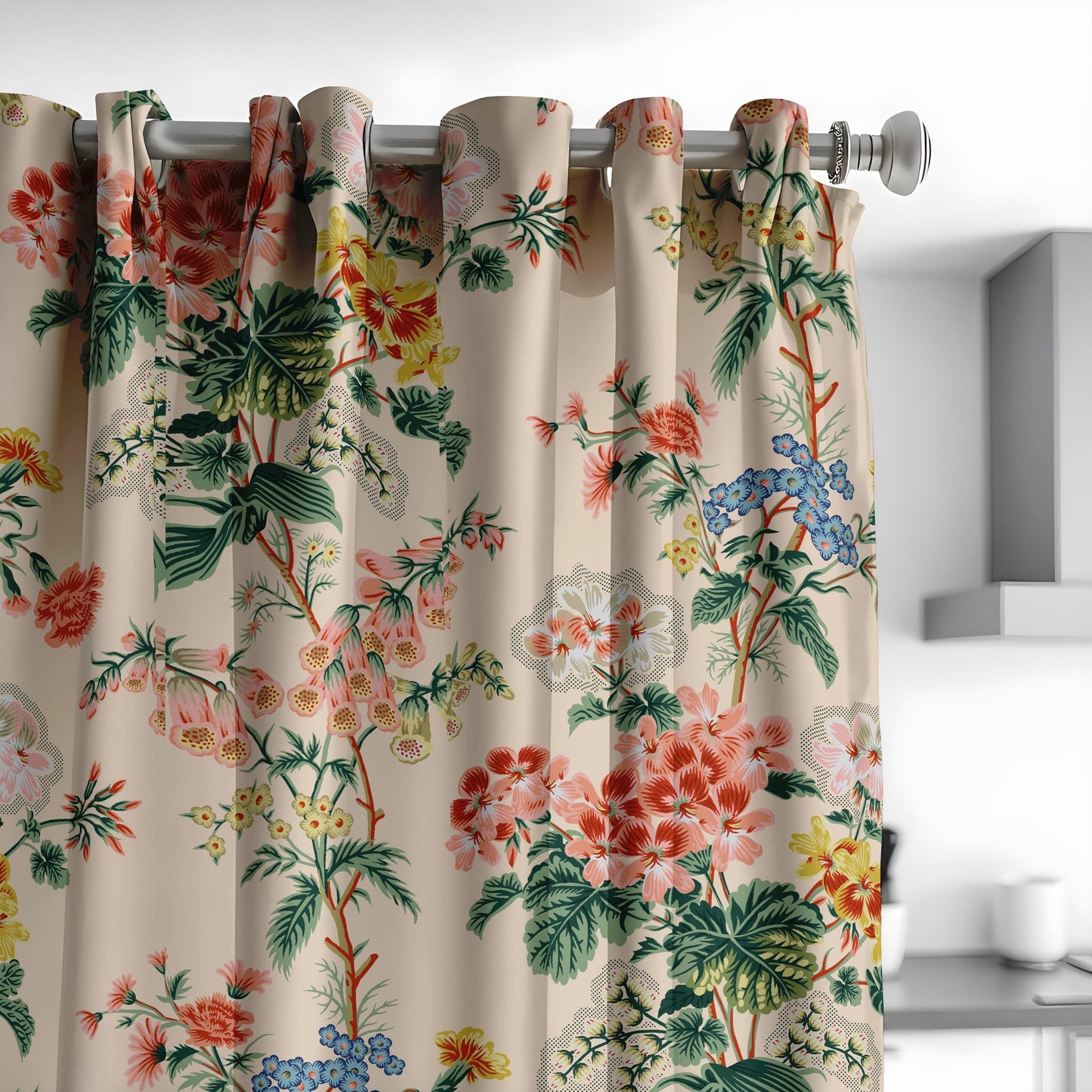 Classic Tropical Floral Curtains, Beige & Botanical Print Drapes