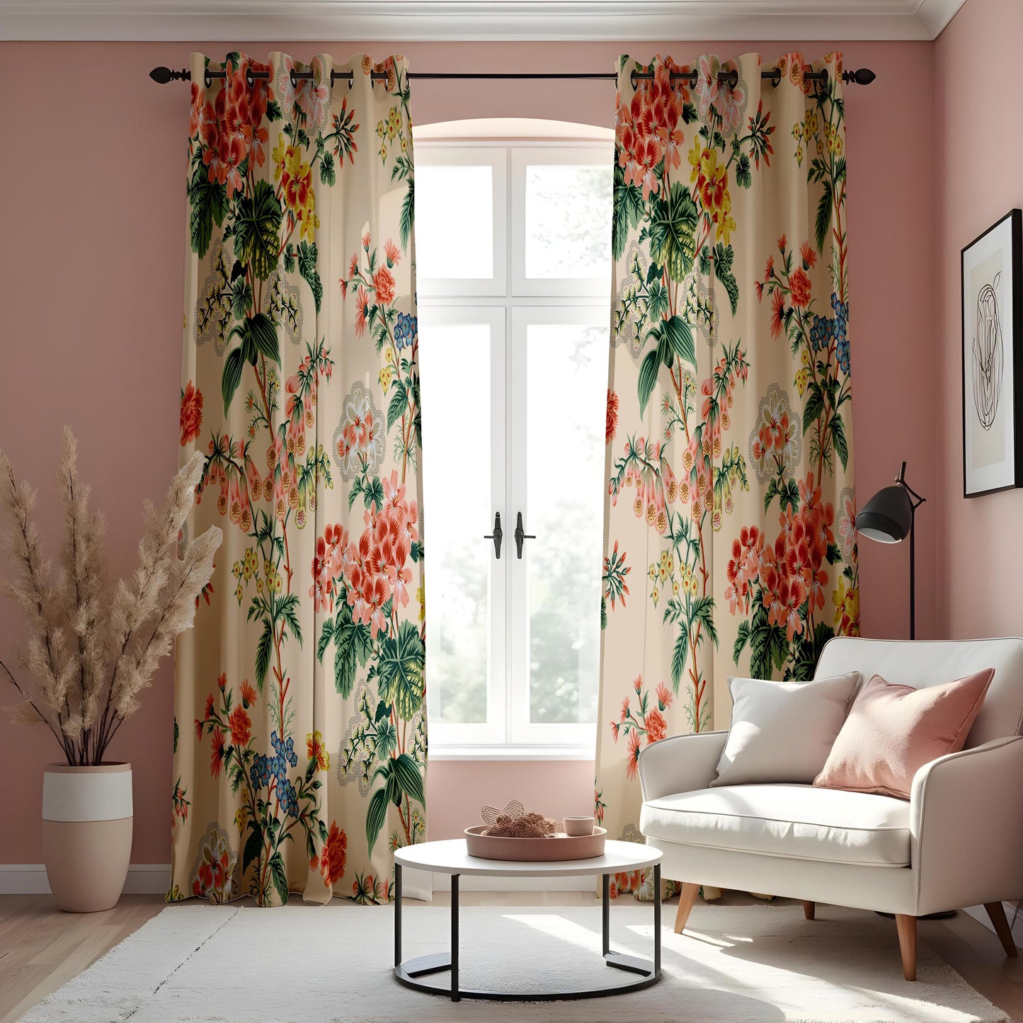 Classic Tropical Floral Curtains, Beige & Botanical Print Drapes