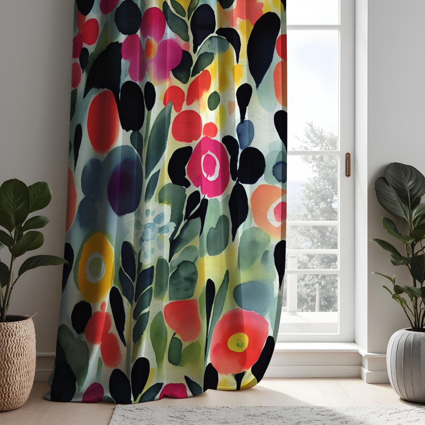 Watercolor Floral Curtains, Abstract Bold Flower Print Drapes