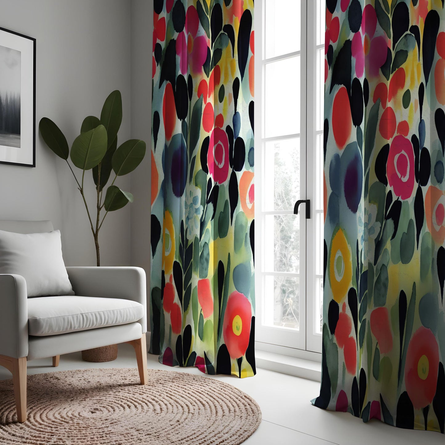 Watercolor Floral Curtains, Abstract Bold Flower Print Drapes