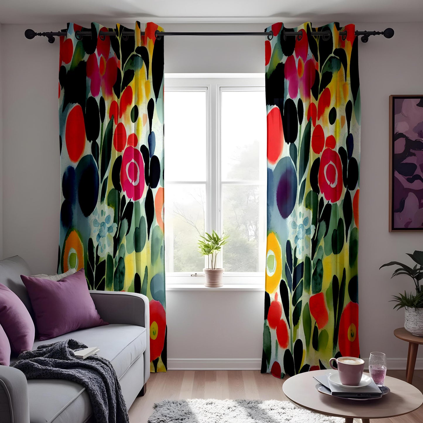 Watercolor Floral Curtains, Abstract Bold Flower Print Drapes