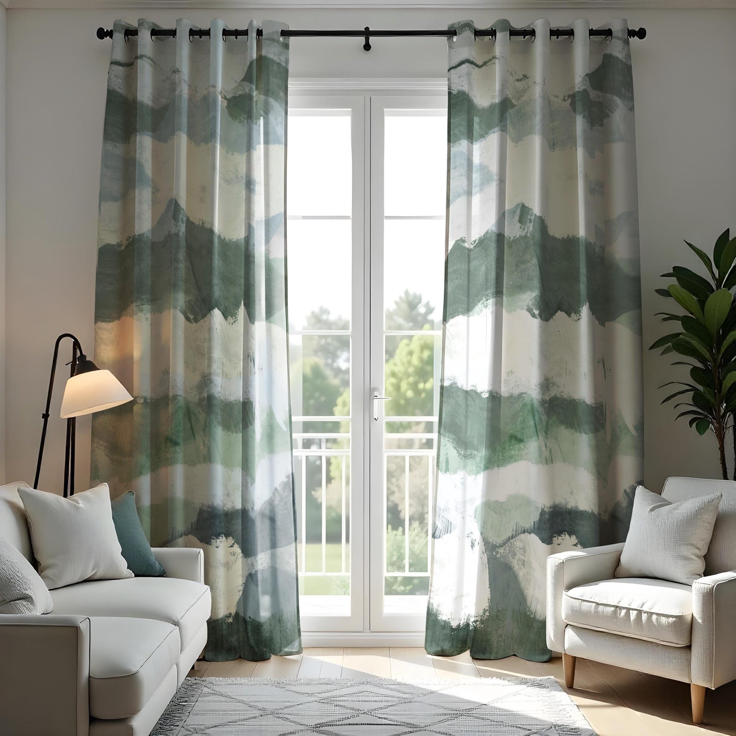 Watercolor Mountain Landscape Curtains, Serene Abstract Nature Drapes