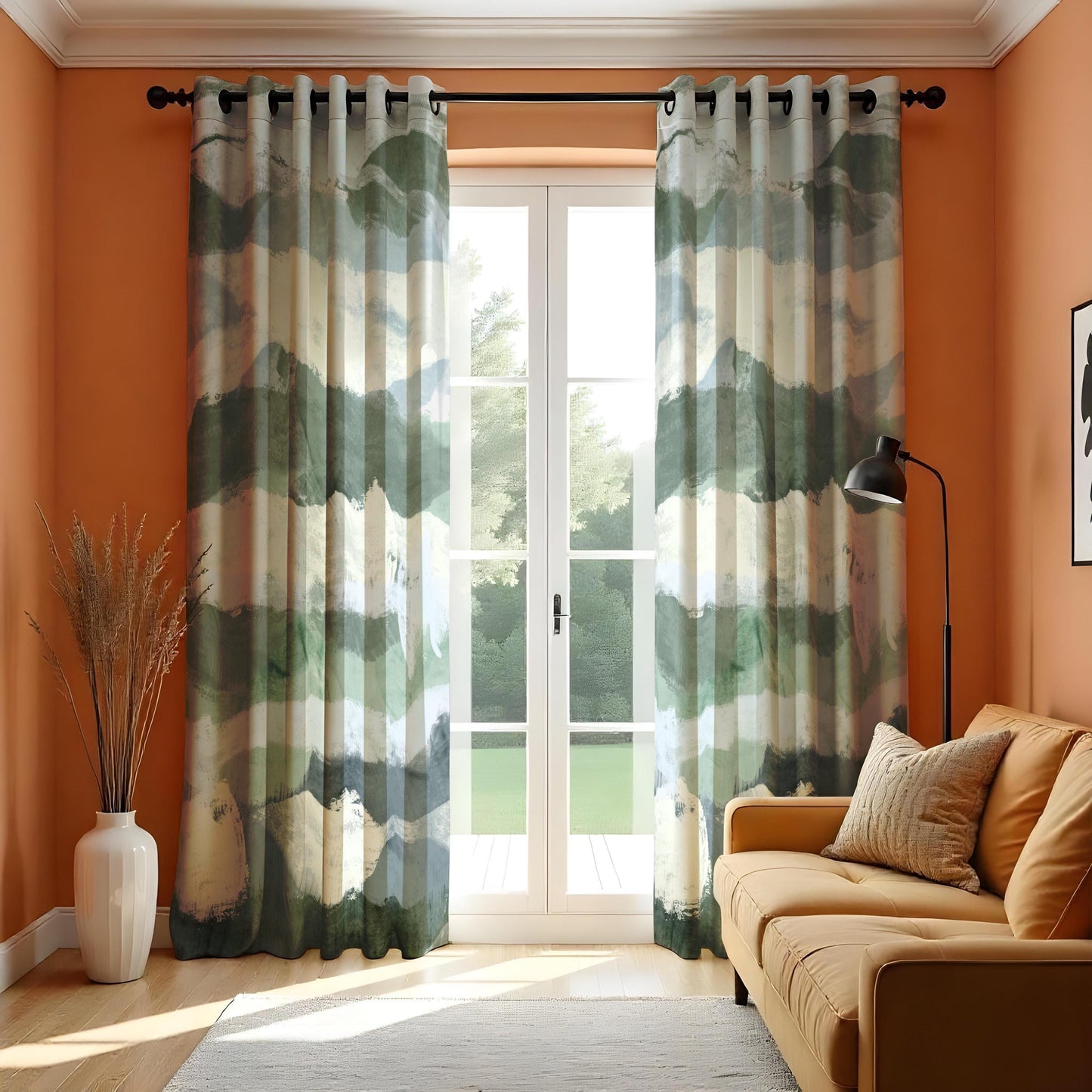 Watercolor Mountain Landscape Curtains, Serene Abstract Nature Drapes