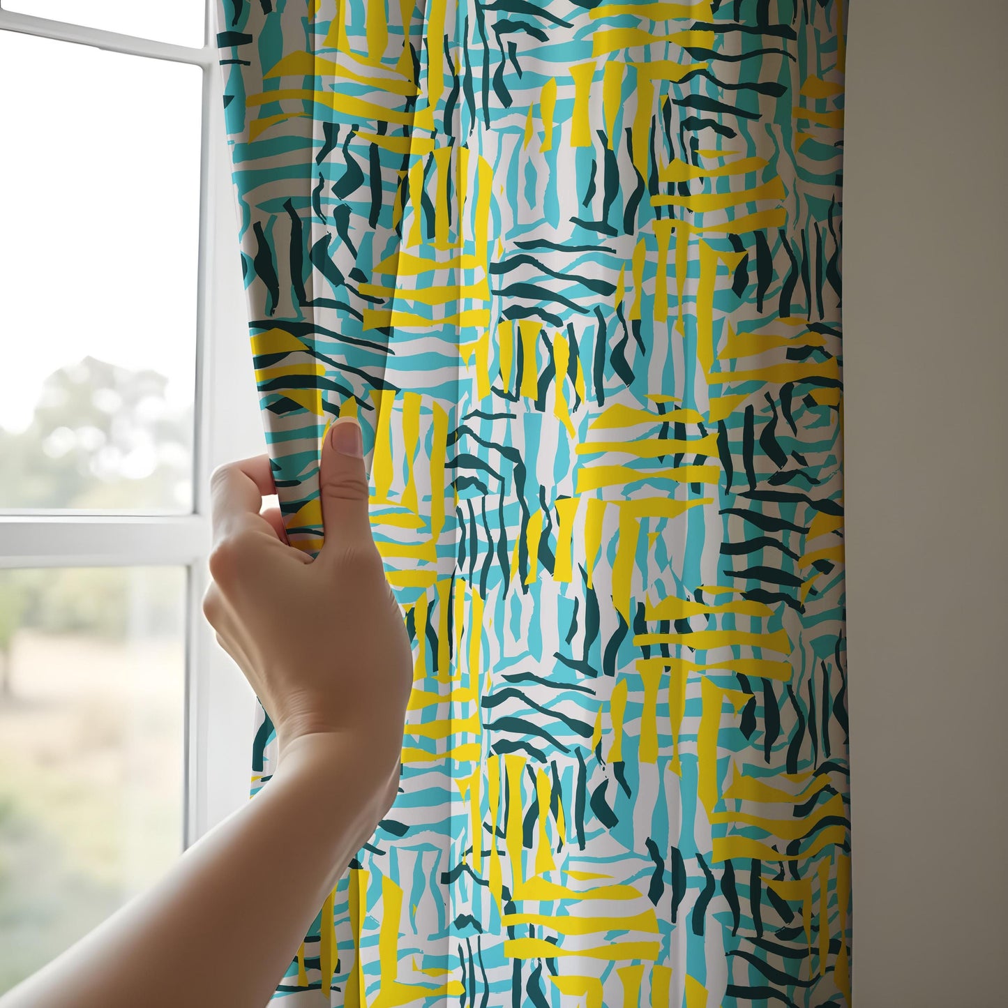 Abstract Geometric Curtains, Yellow & Teal Brushstroke Pattern Drapes