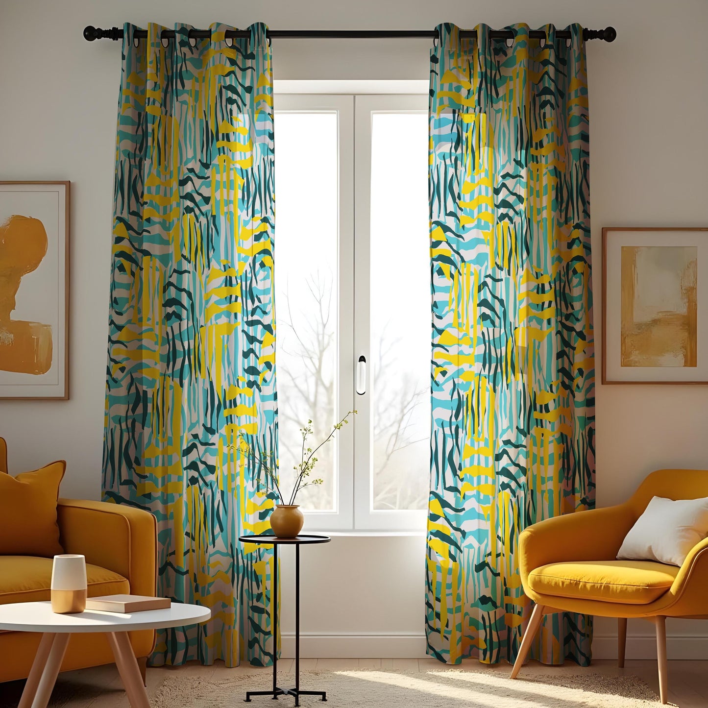 Abstract Geometric Curtains, Yellow & Teal Brushstroke Pattern Drapes