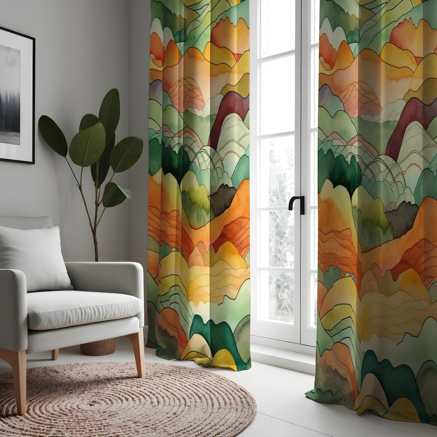 Watercolor Mountain Landscape Curtains, Warm Earth Tone Scenic Drapes