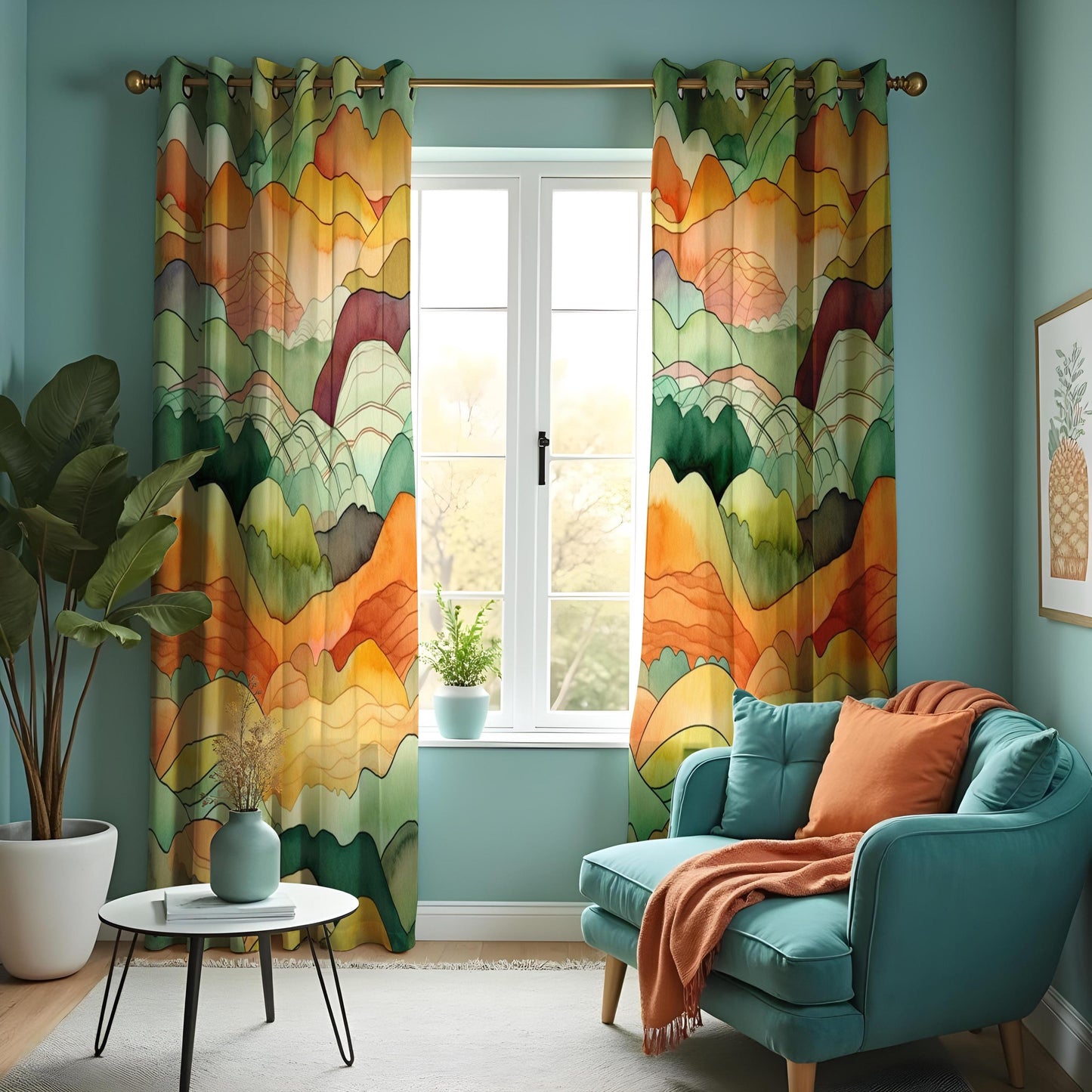 Watercolor Mountain Landscape Curtains, Warm Earth Tone Scenic Drapes