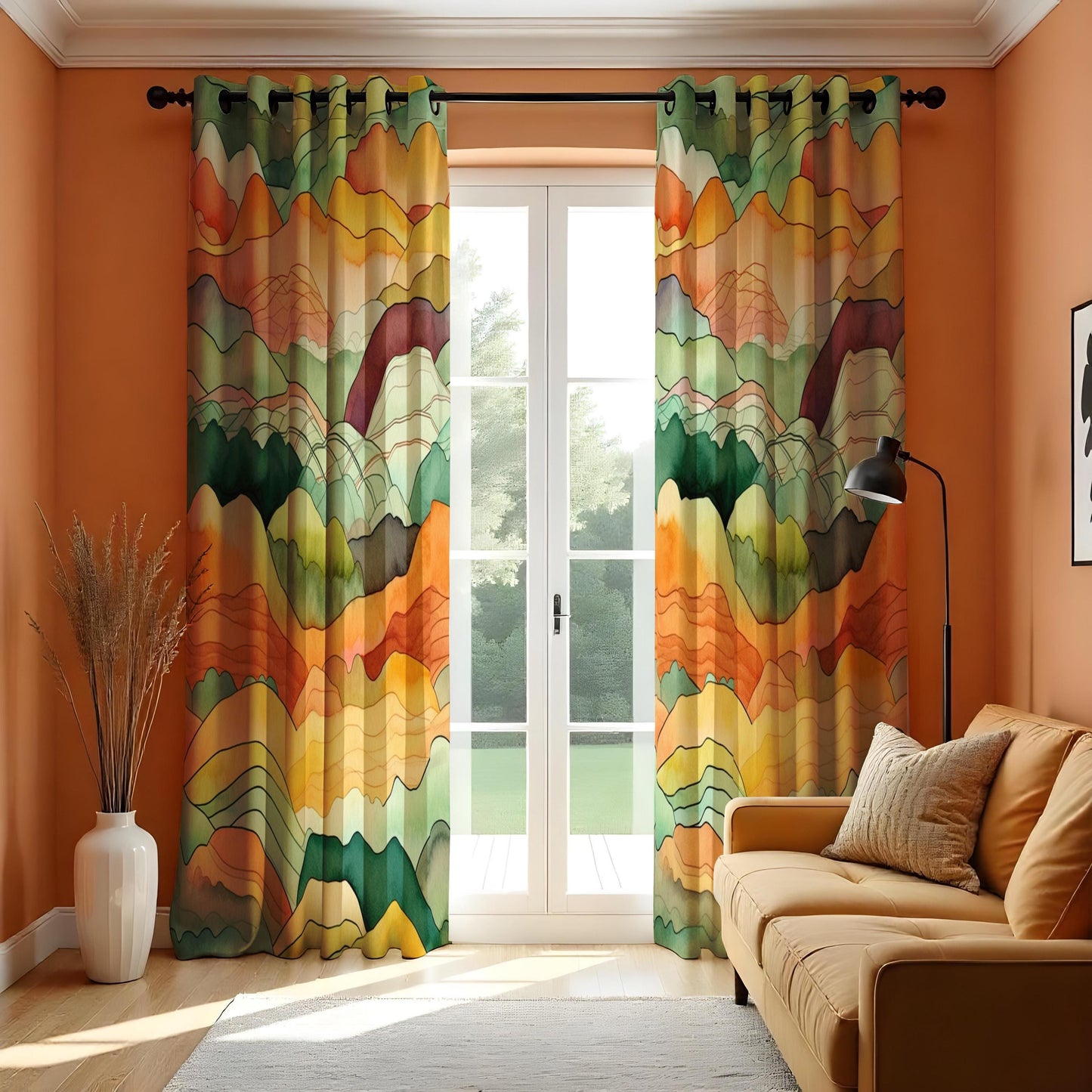Watercolor Mountain Landscape Curtains, Warm Earth Tone Scenic Drapes