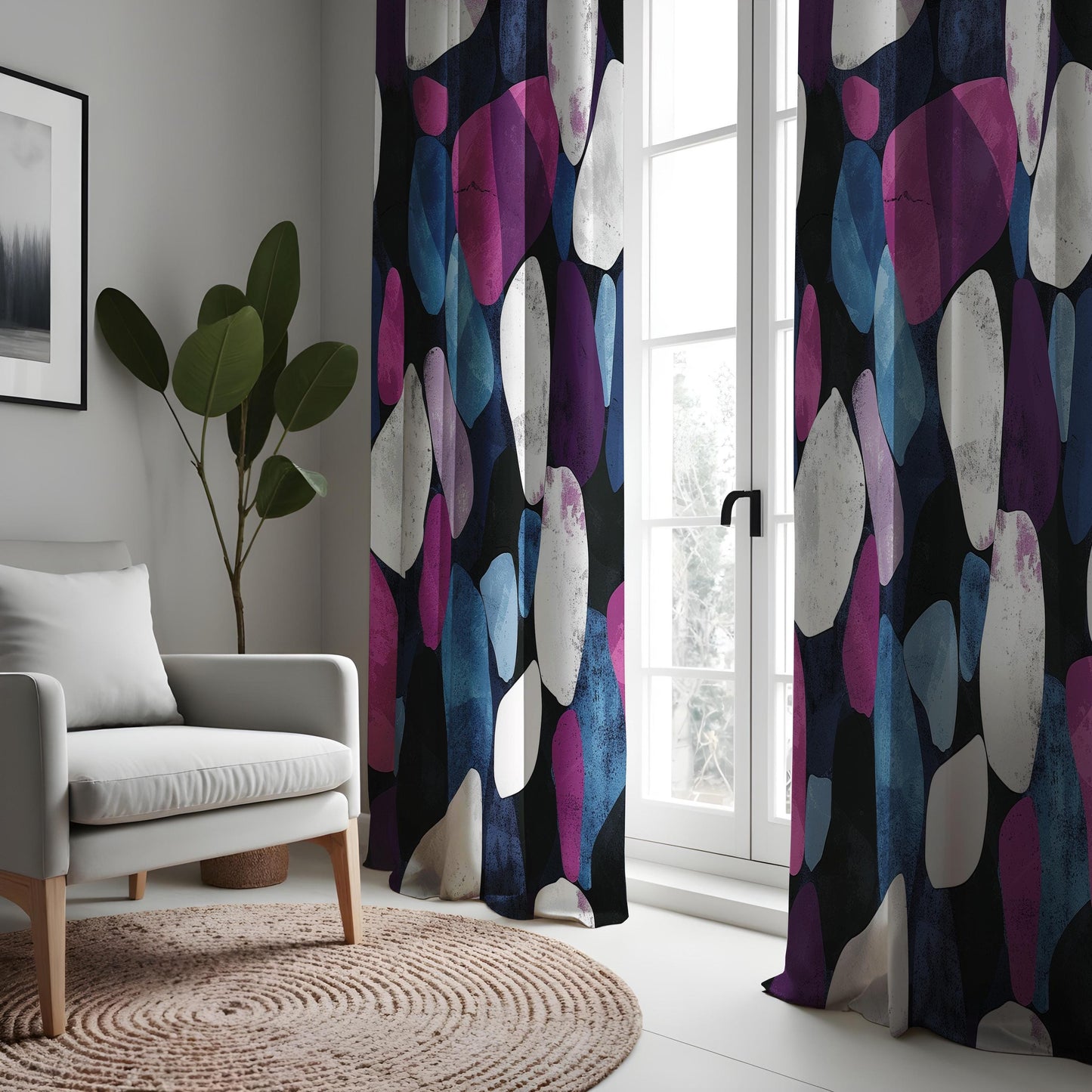 Modern Abstract Stone Curtains, Bold Purple & Black Geometric Drapes