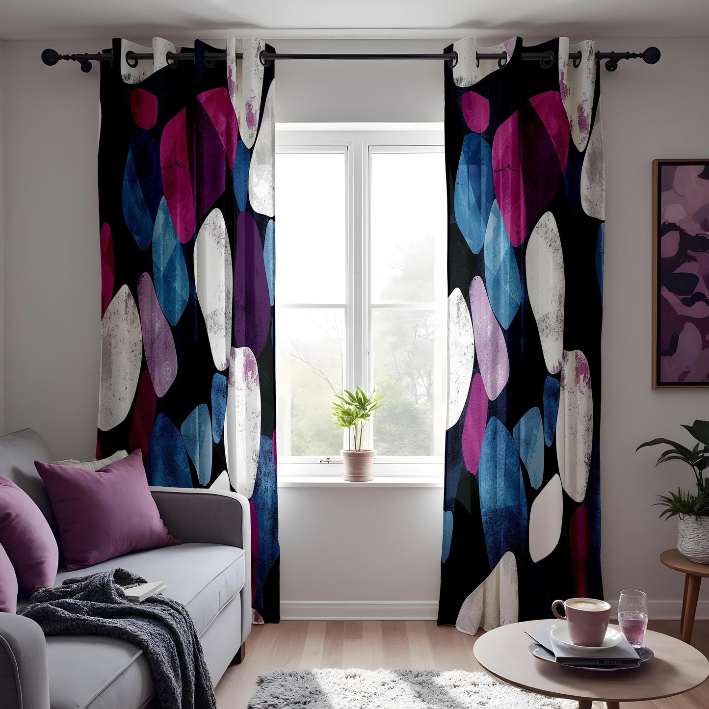 Modern Abstract Stone Curtains, Bold Purple & Black Geometric Drapes