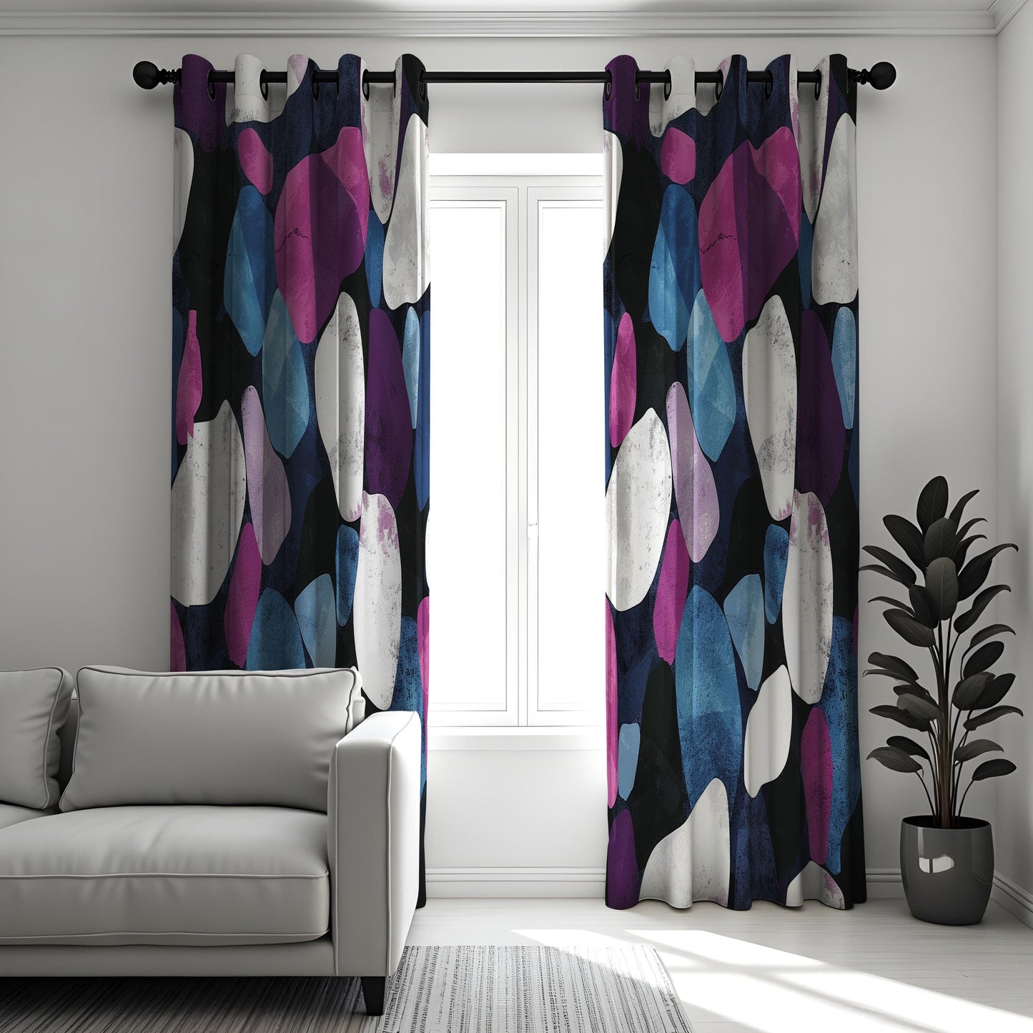 Modern Abstract Stone Curtains, Bold Purple & Black Geometric Drapes